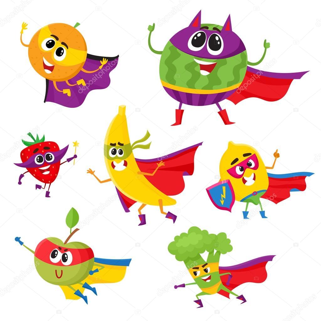 Set of fruit and berry hero, superhero characters