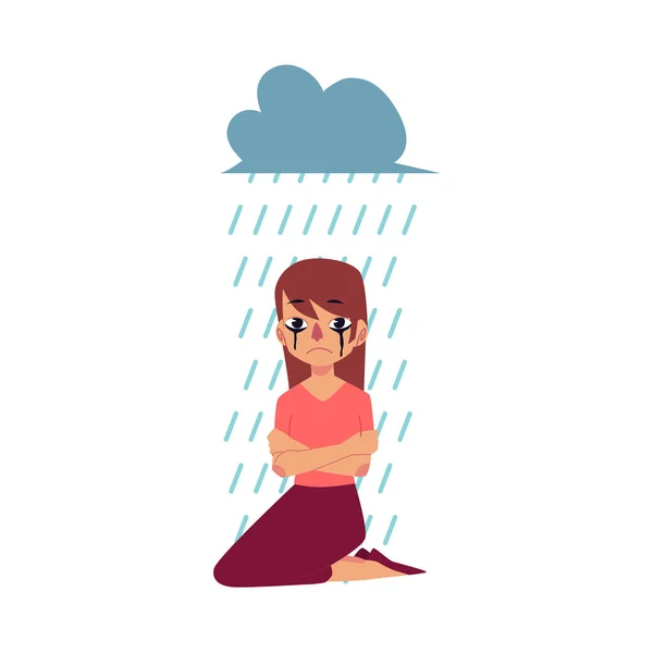 Горе, депрессия - женщина, сидящая под облаком дождя — стоковый вектор