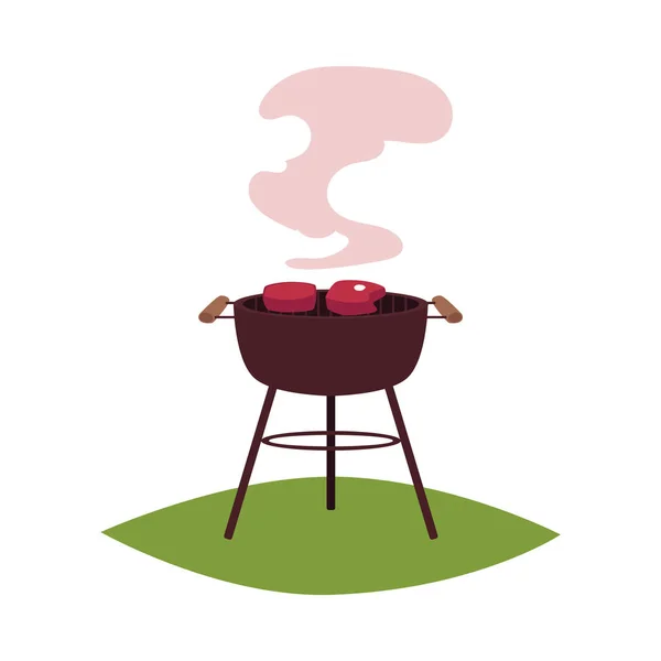 Round BBQ, barbecue, charcoal grill with steaks — Stock Vector