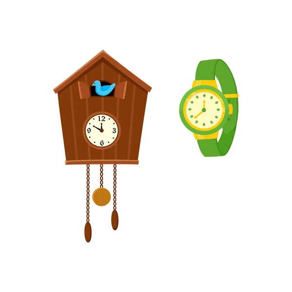 Relógio cuco estilo retro e relógio de pulso moderno —  Vetores de Stock