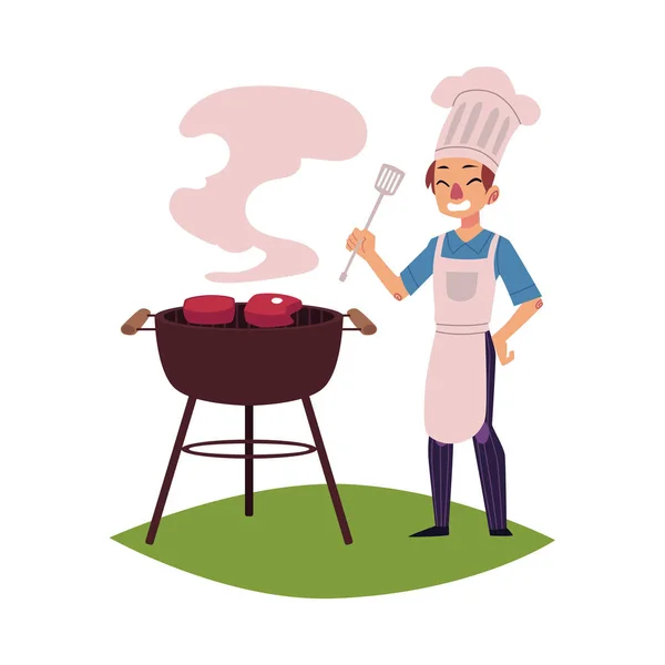 Mann mit Kochmütze kocht Fleisch auf Grill — Stockvektor