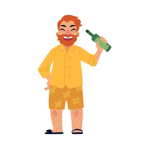 Bebaarde man in korte broek en slippers drinken Beer — Stockvector