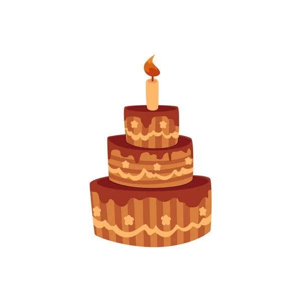 層の誕生日ケーキ チョコレートのアイシングとキャンドル — ストックベクタ