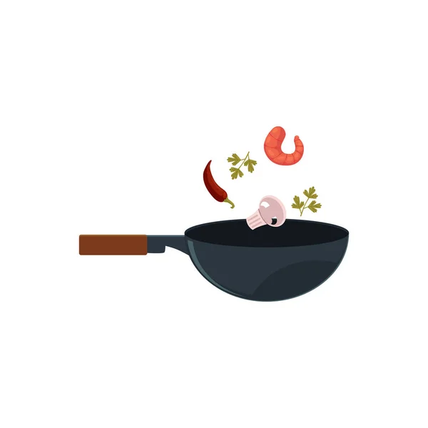 Vetor plana asiática wok com ingredientes voadores —  Vetores de Stock