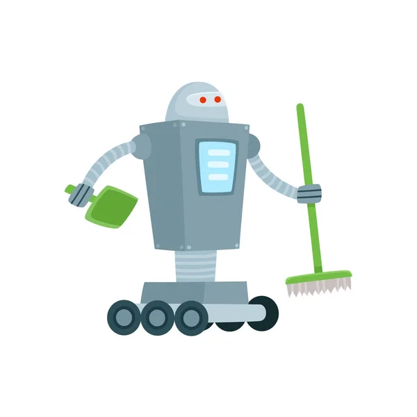 Robot nettoyeur, assistant à domicile avec balai, pelle — Image vectorielle