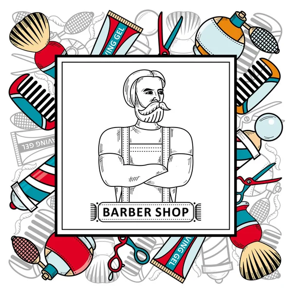 Cartaz de barbearia vetorial com símbolo, homem hipster — Vetor de Stock