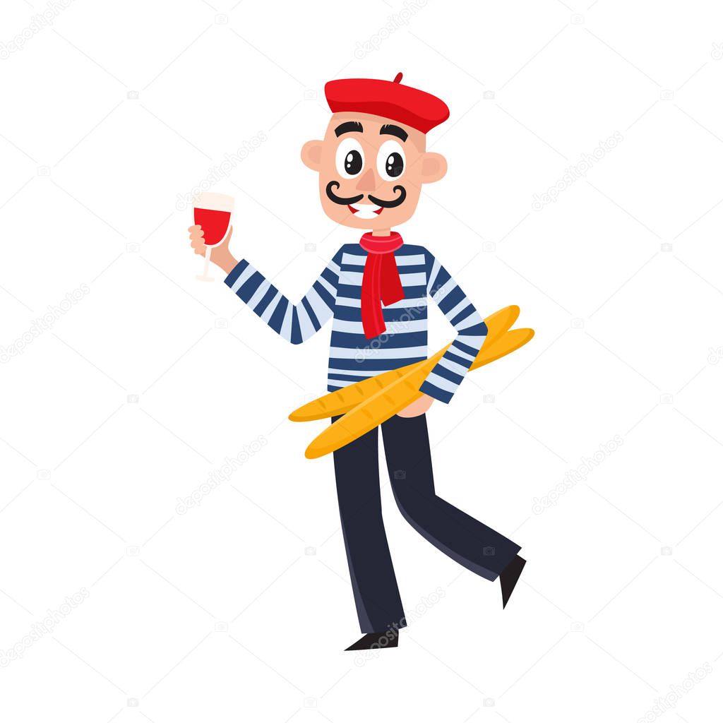 French man - striped shirt, beret, wine, baguettes