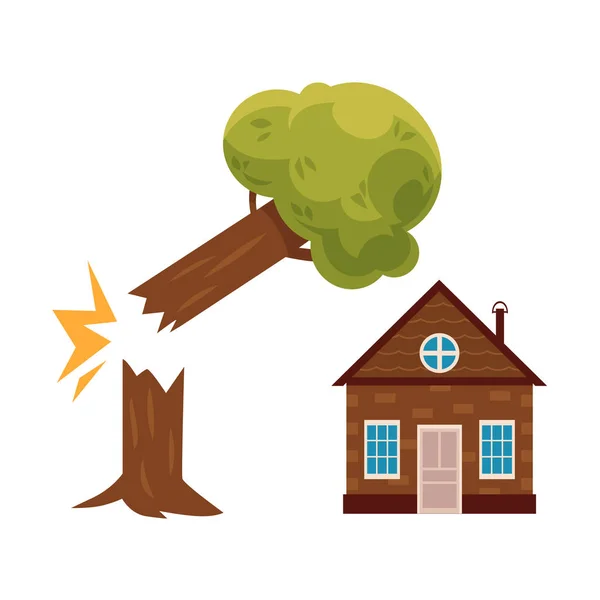 Дерево падает на дом, значок страхования собственности — стоковый вектор