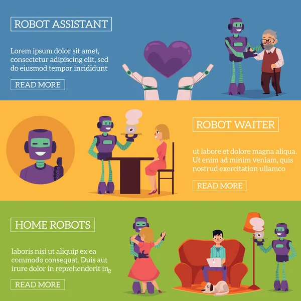 Robots vectoriels dans la vie infographie affiches ensemble — Image vectorielle