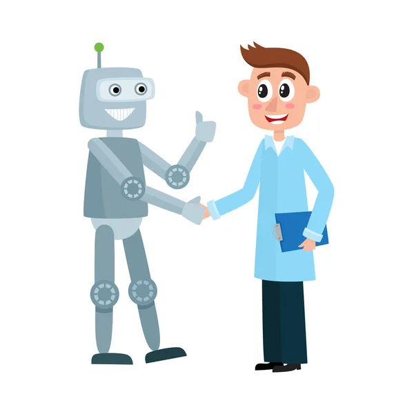 ロボットと握手白衣の科学者 — ストックベクタ