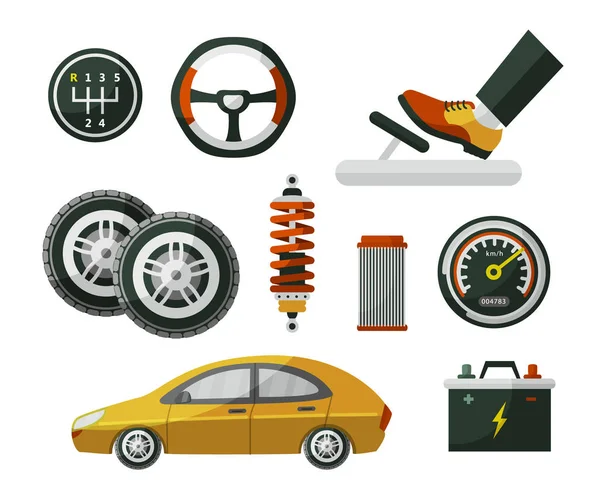 Voiture de style plat, automobile, automobile et ensemble de pièces — Image vectorielle