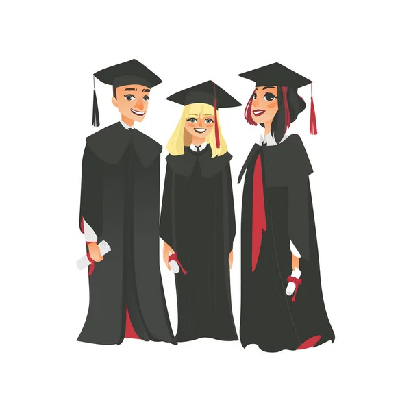 Три выпускника колледжа в шапке и халате — стоковый вектор