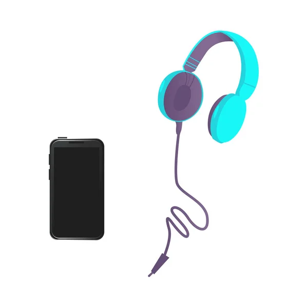 Vector plana smartphone moderno preto, fones de ouvido — Vetor de Stock