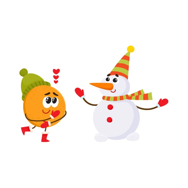 Vektör kış meyve portakal, kardan adam ayarla — Stok Vektör