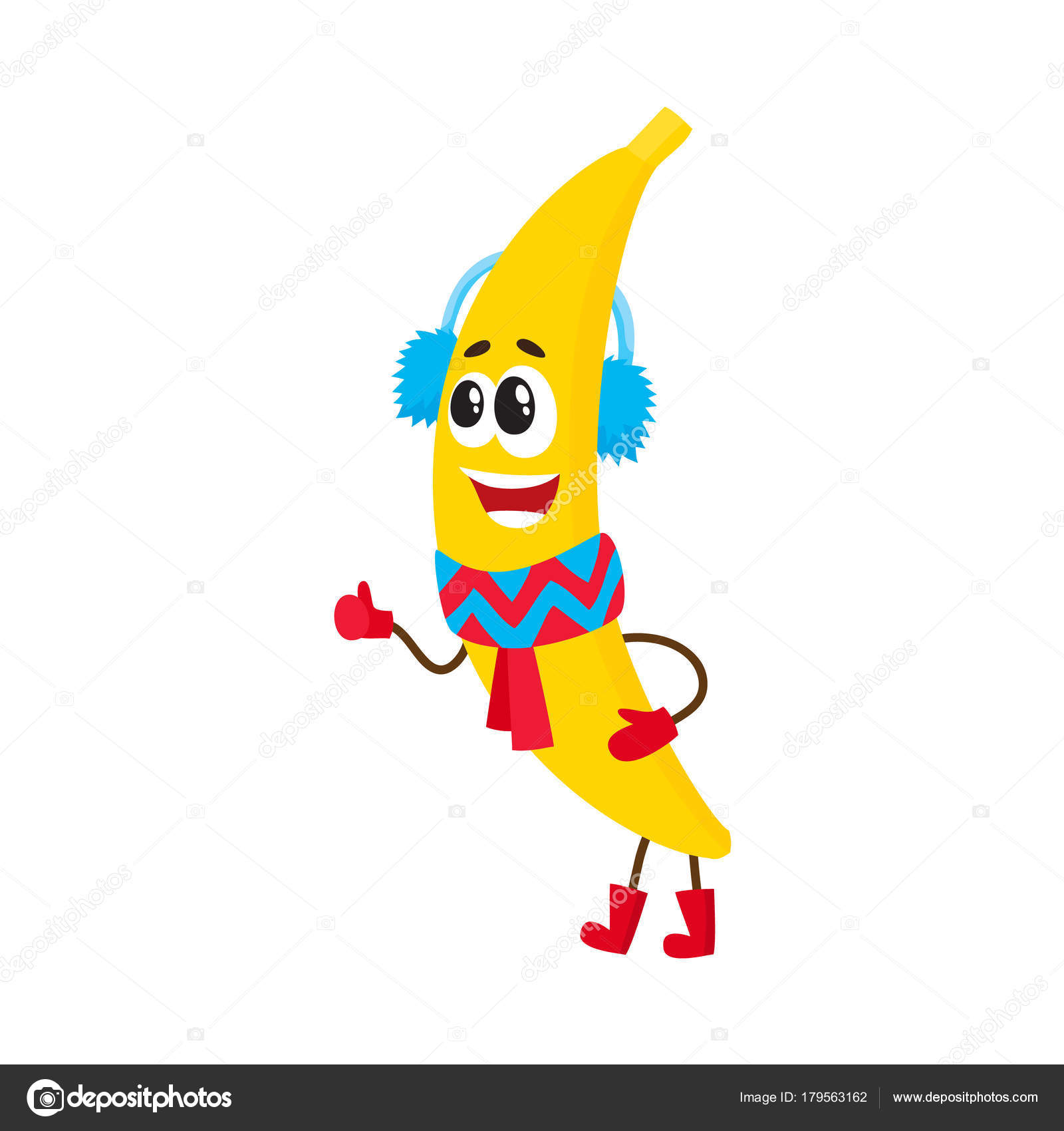 Funny Banana Character With Smiling Human Face Wearing Winter Scarf And Ear S Comic Cartoon Vector Il Ration Isolated On White Background Funny Banana Character With Smiling Human Face Wearing Winter Scarf And Ear S Comic Cartoon Vector Il Ration Isolated On White Background