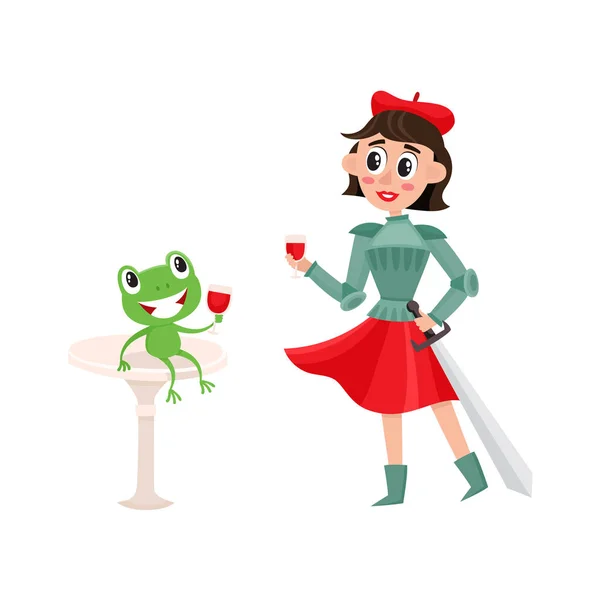 矢量扁女贞德服装女孩, 青蛙, 酒 — 图库矢量图片