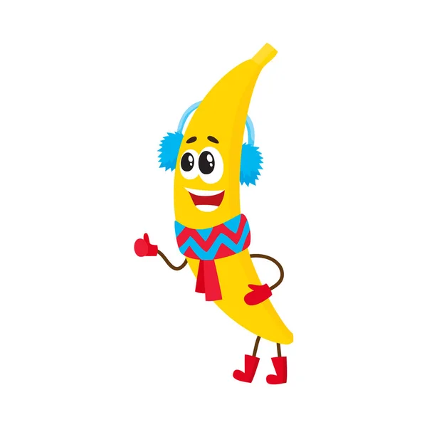 Funny banana character in winter clothes — Stock Vector