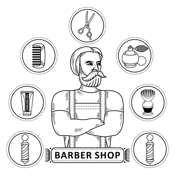 Vetor hipster homem barbeiro loja símbolos monocromáticos — Vetor de Stock