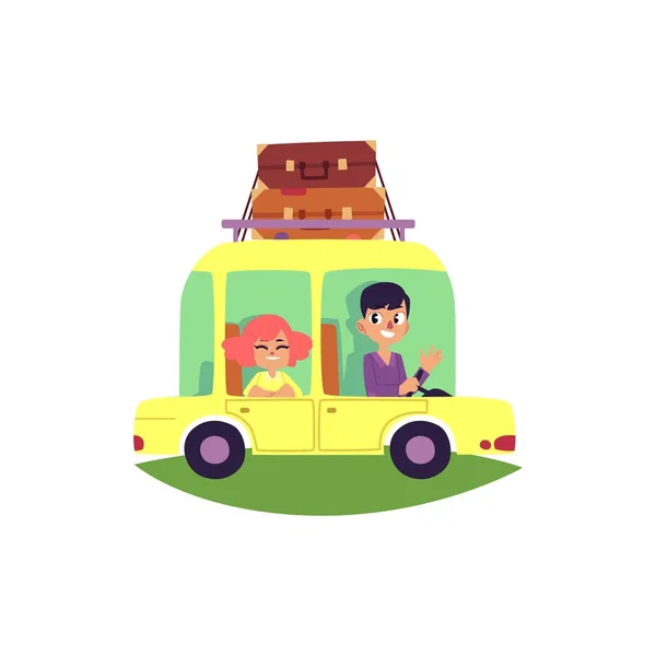 Happy couple, family on car trip, luggage on top — Stock Vector