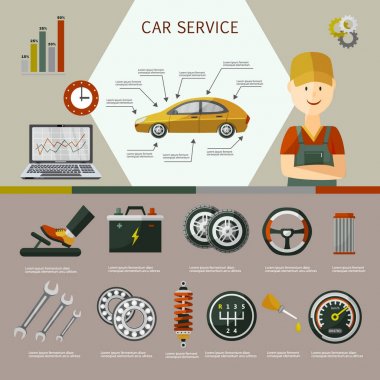 vektör düz araba servisi Infographic poster seti