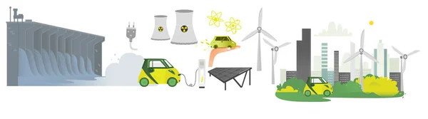 Vector plano renovable, conjunto de iconos de energía alternativa — Vector de stock