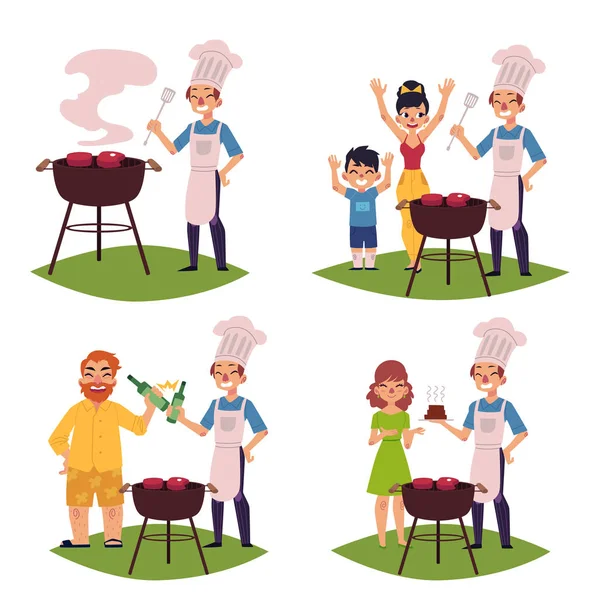 Lidé dělají grilování, barbeque, vařit maso na grilu — Stockový vektor