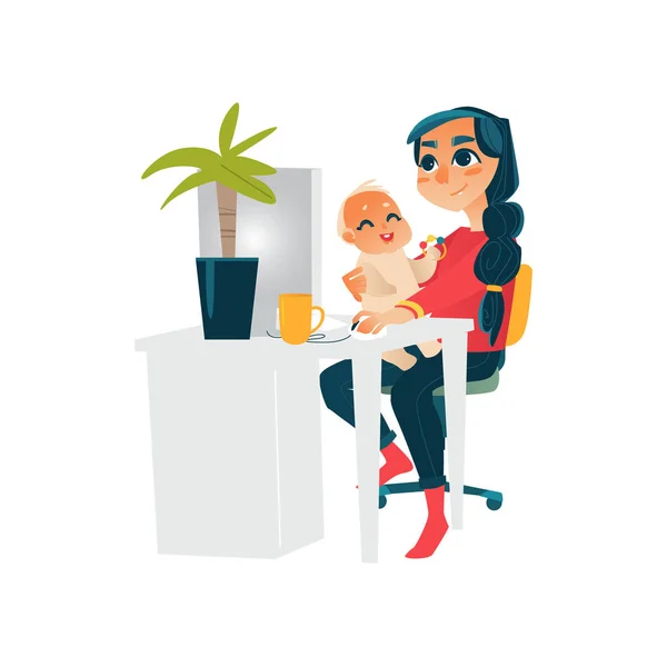 Joven madre trabajando desde casa con el bebé de rodillas — Vector de stock