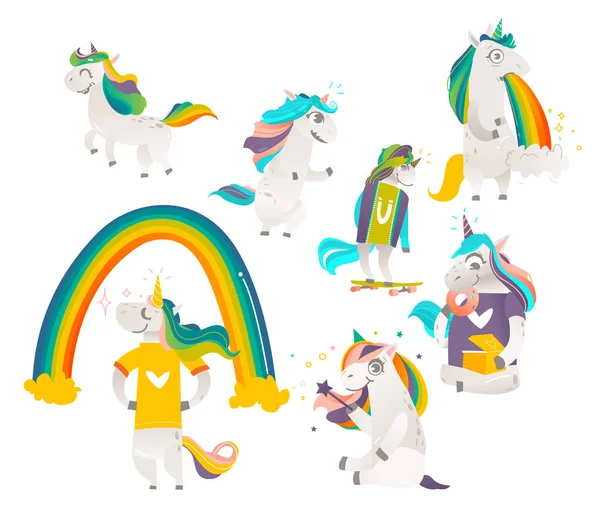 Große lustige Reihe von Regenbogen-Einhorn-Figuren — Stockvektor