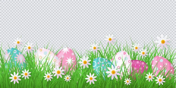 Vector de fondo de Pascua con huevos, flores, hierba — Archivo Imágenes Vectoriales