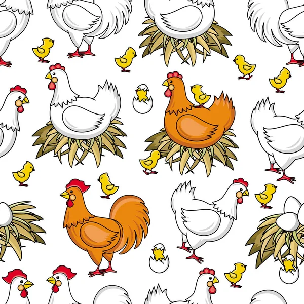 Vector flat chicken in nest chick seamless pattern — Stock Vector