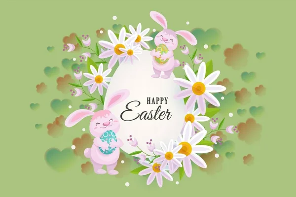 Happy Easter greeting card with bunnies, flowers — Stock Vector