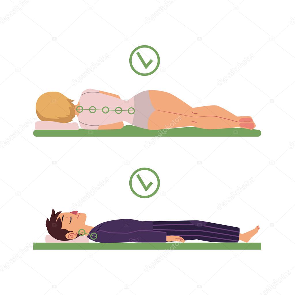 vector correct sleeping posture of man, woman