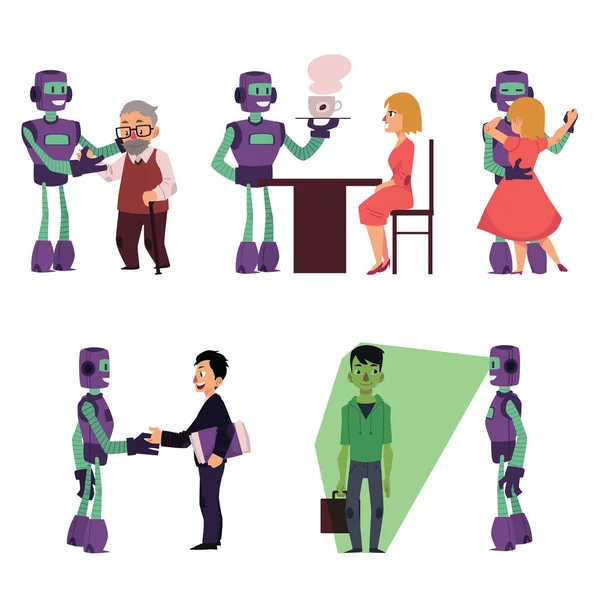 Set of robot assistants helping people — Stock Vector