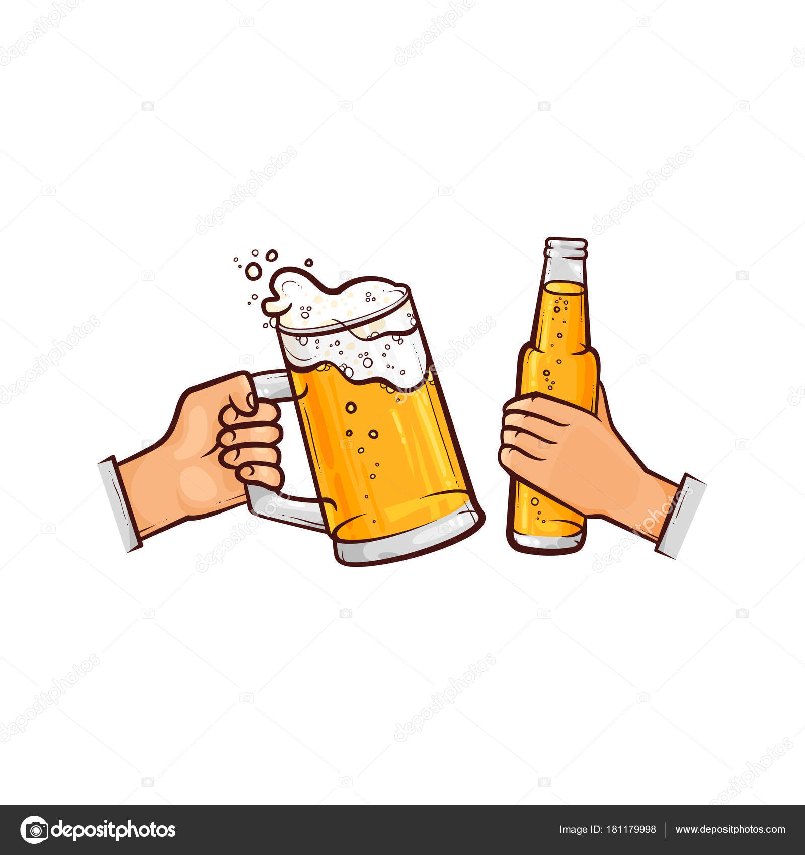 vector mãos com copo de cerveja garrafa brindando vetor de stock