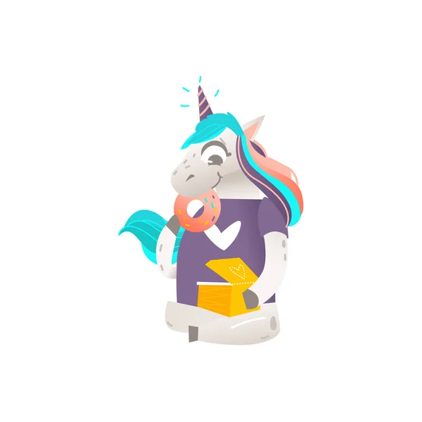 Duduk karakter unicorn dengan kotak donat - Stok Vektor