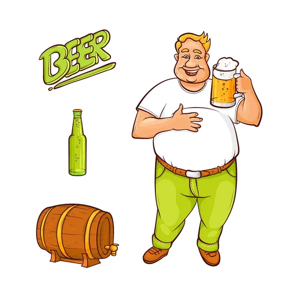 Vector desenho animado amante de cerveja e conjunto de símbolos —  Vetores de Stock