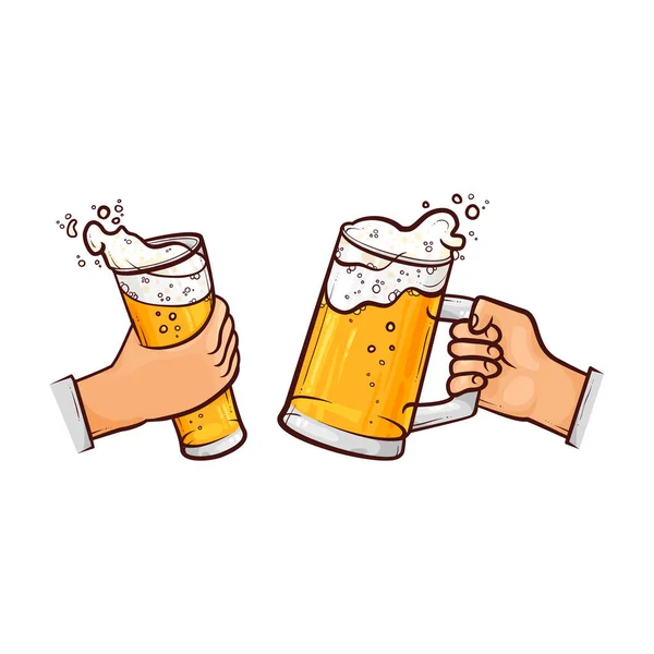 Vector de dibujos animados manos con vasos de cerveza tostadas — Archivo Imágenes Vectoriales