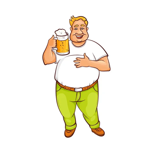 Grappige lachende dikke man houden grote mok van bier — Stockvector