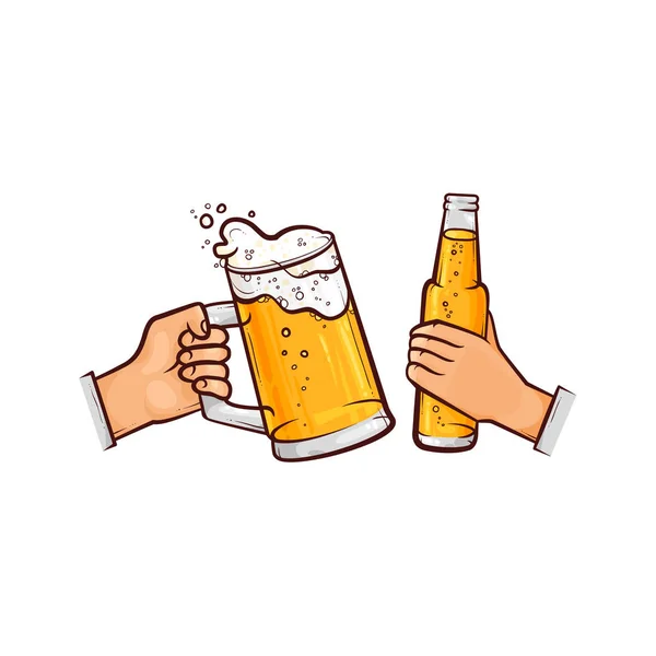 Mains vectorielles avec verre à bière, bouteille grillée — Image vectorielle