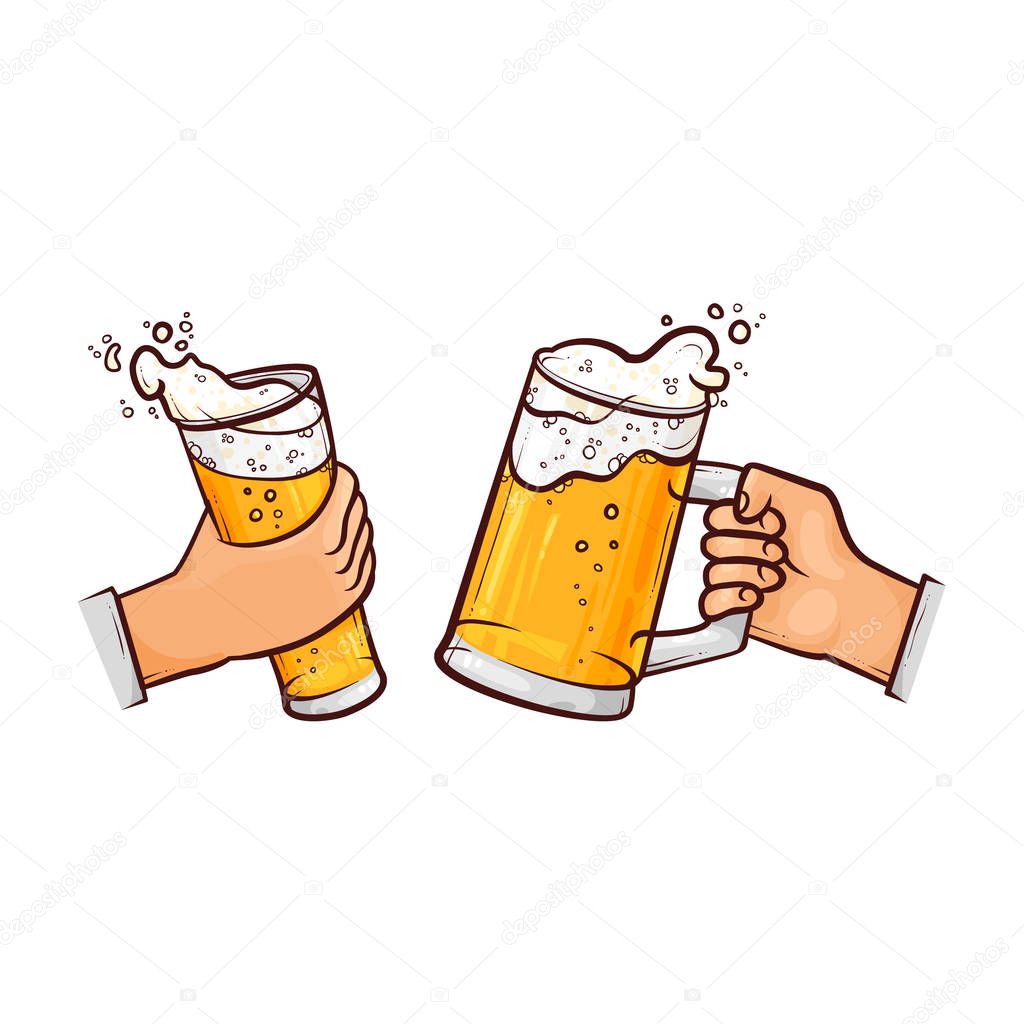 vector cartoon hands with beer glasses toasting