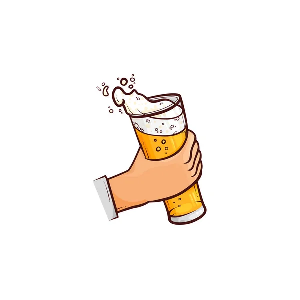 Vector cartoon hand holding mug of beer with foam — Stock Vector