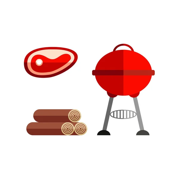 Churrasco, churrasqueira, grelhador de carvão, bife de carne e madeira — Vetor de Stock