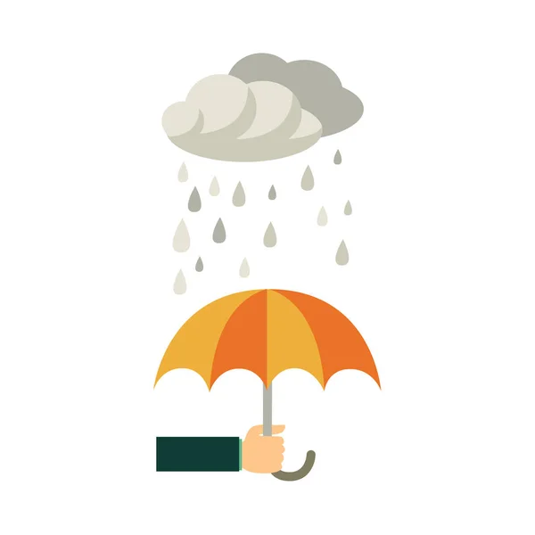 Male hand holding umbrella under rainy sky — Stock Vector