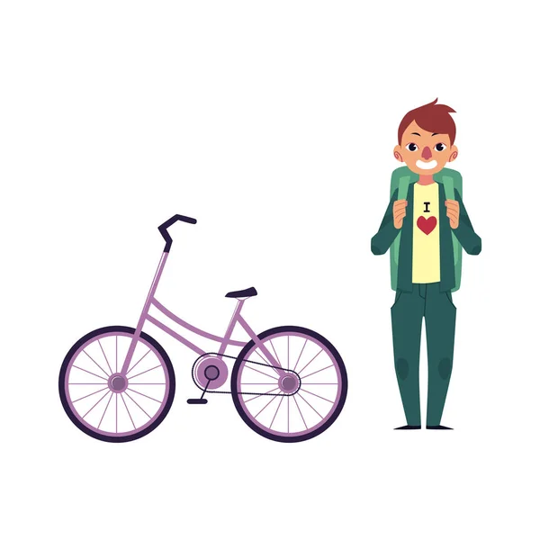 Векторный плоский мультфильм человек турист улыбаясь, велосипед — стоковый вектор