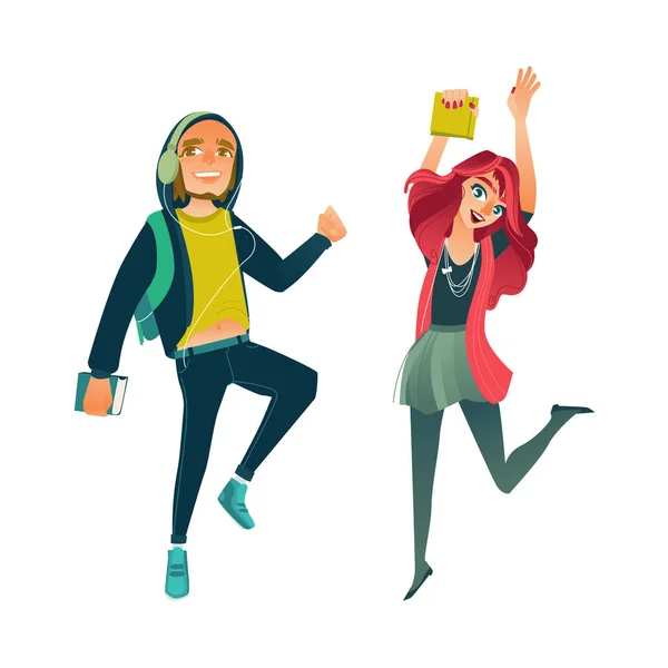 Vecteur dessin animé les jeunes adolescent les étudiants sauter ensemble — Image vectorielle