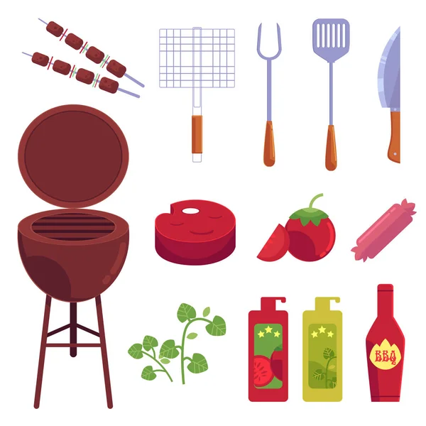 Vector desenho animado churrasco, bbq grill símbolos conjunto . —  Vetores de Stock