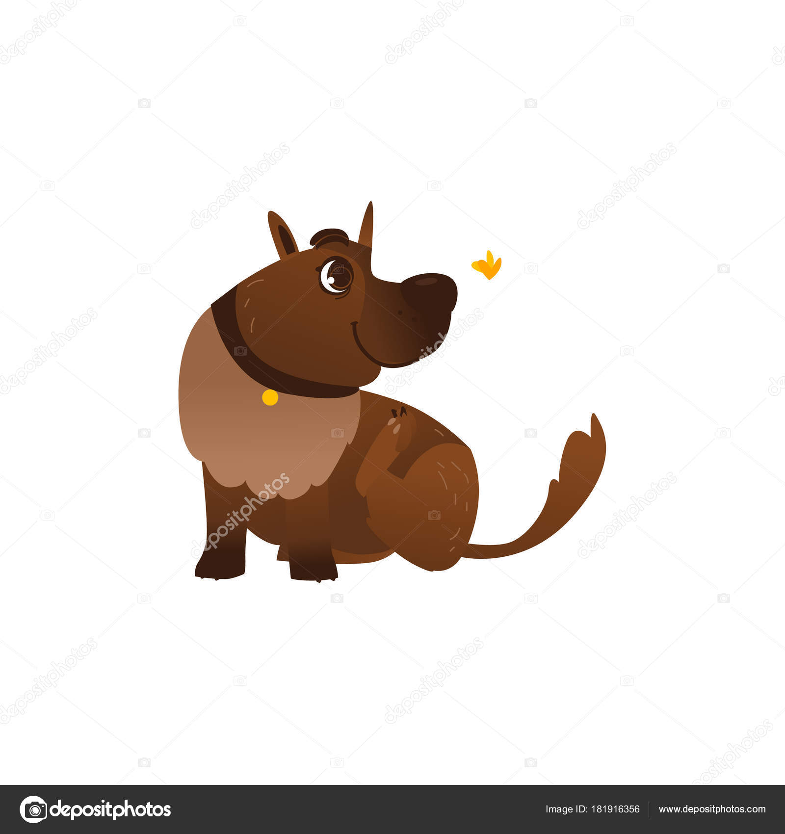 Caractère De Chien Plat Marron Vecteur Jouer Papillon