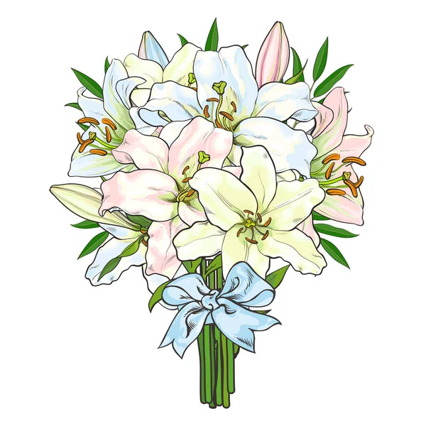 Μπουκέτο, μπουκέτο λουλούδια κρίνος, δεμένο με κορδέλα — Διανυσματικό Αρχείο