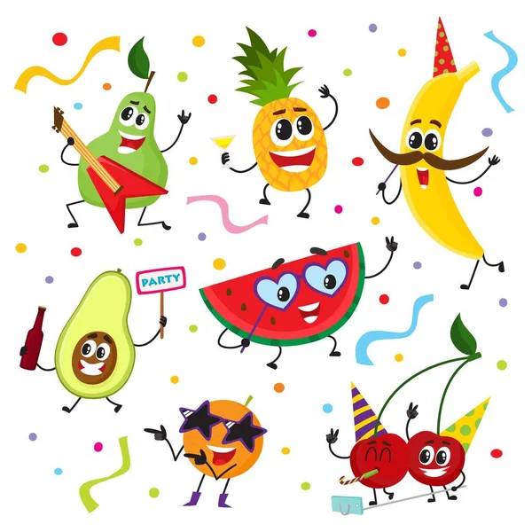 Ensemble de personnages de fruits drôles ayant fête — Image vectorielle