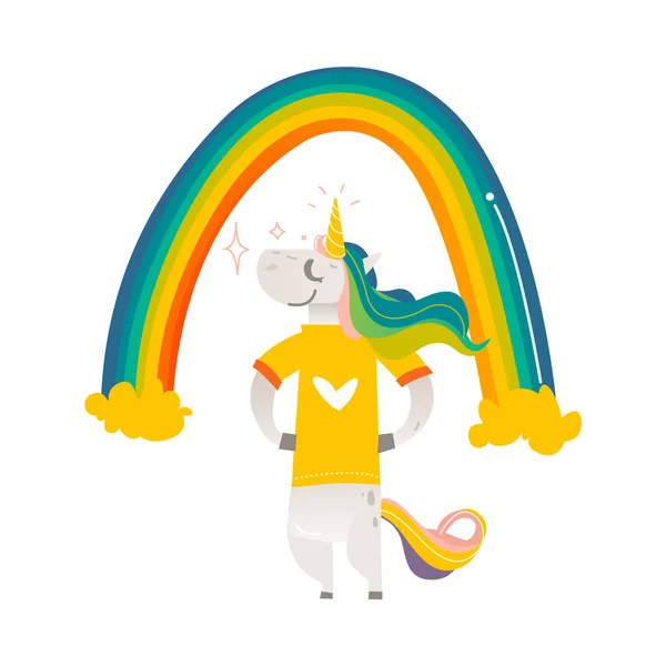 Happy unicorn karakter berdiri di bawah pelangi besar - Stok Vektor